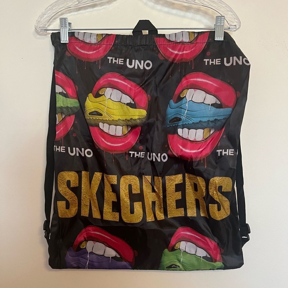 Skechers Black Drawstring Bag with Colorful Lips and Gold Logo